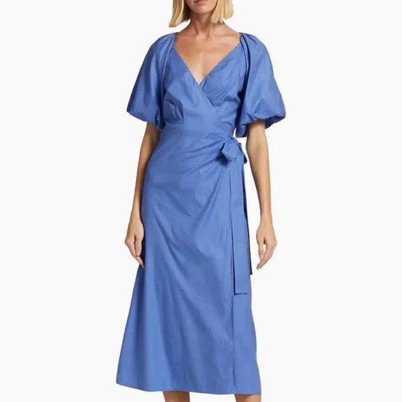 Reformation “Olea” Puff Sleeve Wrap Dress in Dusk Blue – Size Large (NWT) - Picture 2 of 14